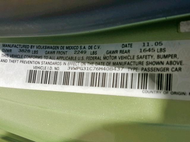 3VWPG31C76M408437 - 2006 VOLKSWAGEN NEW BEETLE 绿色 照片 10