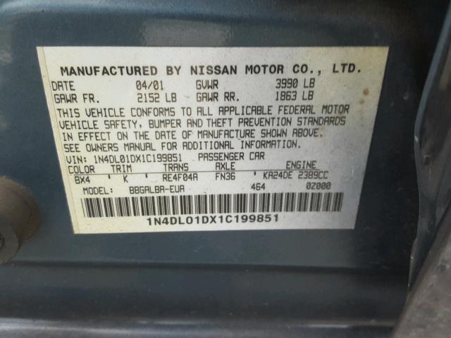 1N4DL01DX1C199851 - 2001 NISSAN ALTIMA XE BLUE photo 10