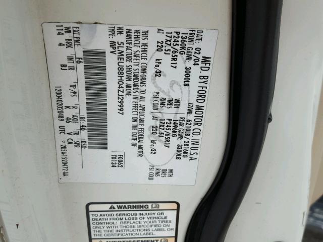 5LMEU88H04ZJ29997 - 2004 LINCOLN AVIATOR 白色 照片 10