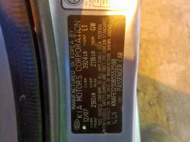 KNAFE121085552598 - 2008 KIA SPECTRA EX SILVER photo 10