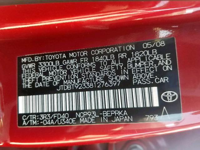 JTDBT923381276397 - 2008 TOYOTA YARIS RED photo 10