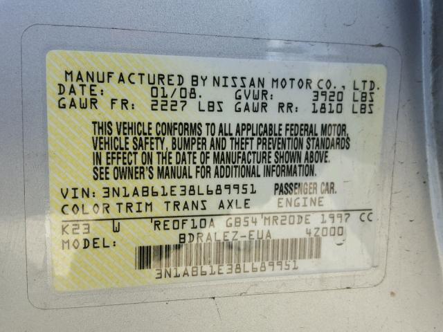 3N1AB61E38L689951 - 2008 NISSAN SENTRA 2.0 SILVER photo 10