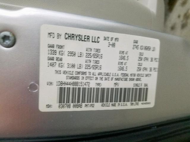 1D8HN44H88B151472 - 2008 DODGE GRAND CARA SILVER photo 10