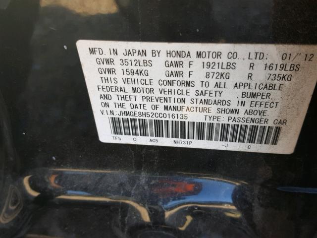 JHMGE8H52CC016135 - 2012 HONDA FIT SPORT BLACK photo 10