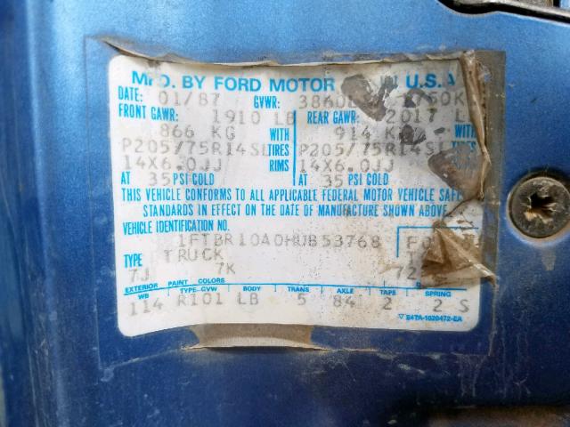 1FTBR10A0HUB53768 - 1987 FORD RANGER BLUE photo 10