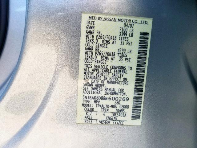 5N1BA08D88N600269 - 2008 NISSAN ARMADA SE SILVER photo 10