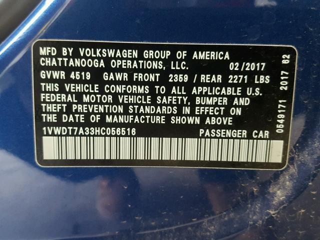 1VWDT7A33HC056516 - 2017 VOLKSWAGEN PASSAT R-L BLUE photo 10