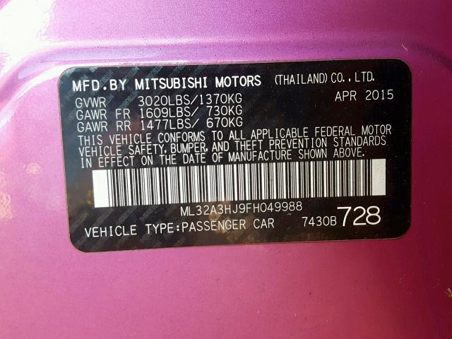 ML32A3HJ9FH049988 - 2015 MITSUBISHI MIRAGE DE PINK photo 10