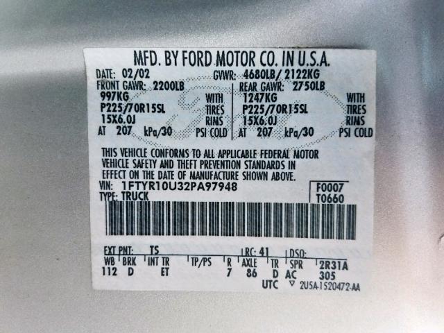 1FTYR10U32PA97948 - 2002 FORD RANGER SILVER photo 10