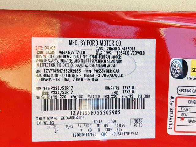 1ZVFT85H755202985 - 2005 FORD MUSTANG GT RED photo 10