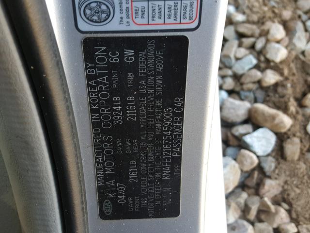 KNAFE121675459003 - 2007 KIA SPECTRA EX SILVER photo 10