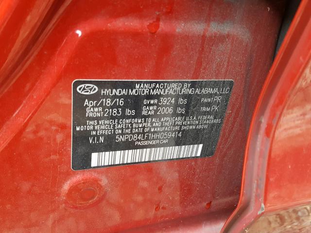 5NPD84LF1HH059414 - 2017 HYUNDAI ELANTRA RED photo 10