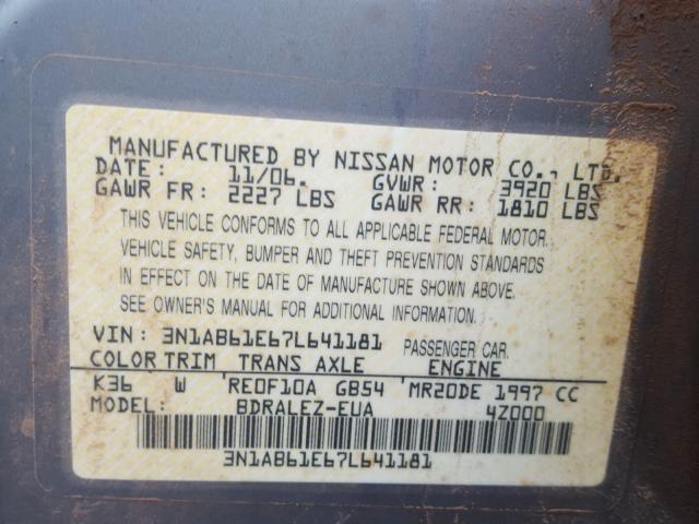 3N1AB61E67L641181 - 2007 NISSAN SENTRA 2.0 SILVER photo 10