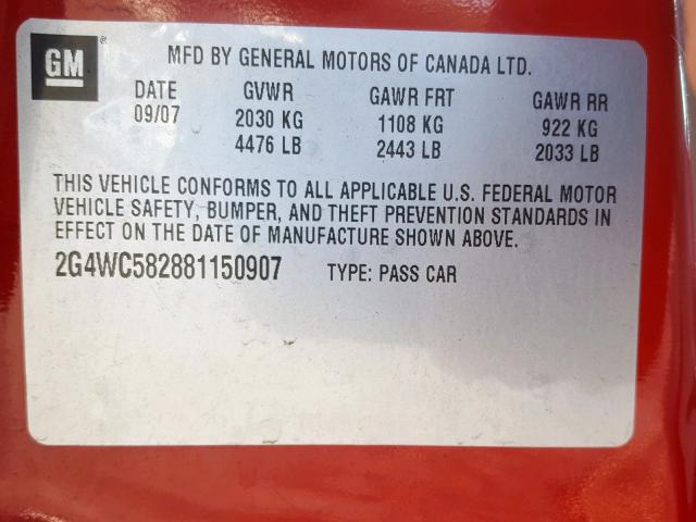 2G4WC582881150907 - 2008 BUICK LACROSSE C RED photo 10