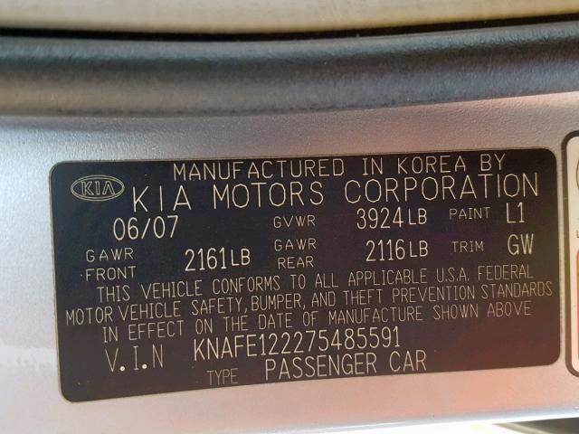 KNAFE122275485591 - 2007 KIA SPECTRA EX BLUE photo 10