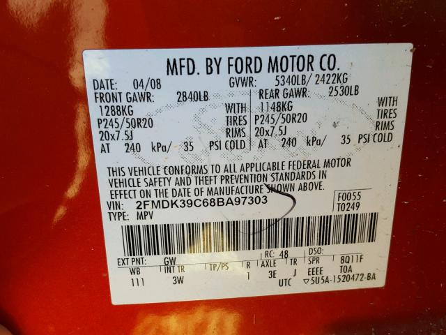 2FMDK39C68BA97303 - 2008 FORD EDGE LIMIT ORANGE photo 10