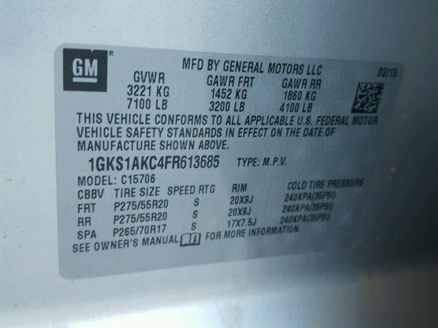 1GKS1AKC4FR613685 - 2015 GMC YUKON SLE SILVER photo 10