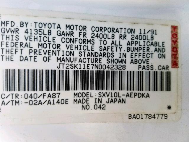 JT2SK11E7N0042328 - 1992 TOYOTA CAMRY DLX 白色 照片 10