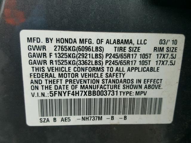 5FNYF4H7XBB003731 - 2011 HONDA PILOT EXLN GRAY photo 10