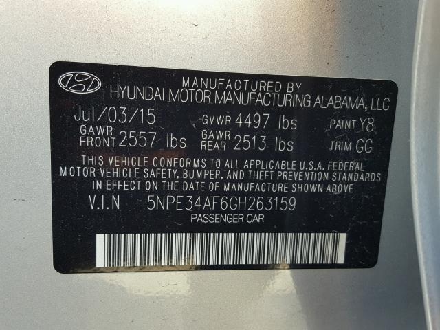 5NPE34AF6GH263159 - 2016 HYUNDAI SONATA SPO SILVER photo 10