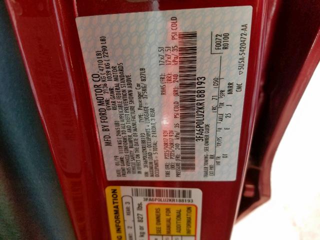 3FA6P0LU2KR188193 - 2019 FORD FUSION SE RED photo 10