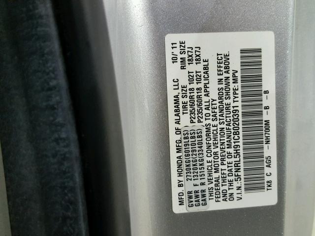 5FNRL5H91CB020391 - 2012 HONDA ODYSSEY TO GRAY photo 10