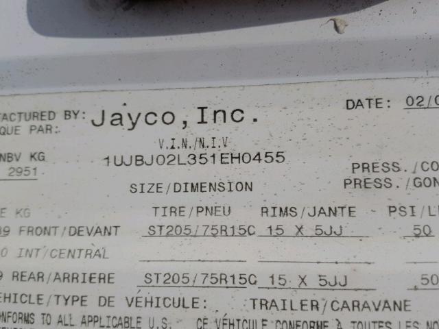 1UJBJ02L351EH0455 - 2005 JAYCO JAYFLIGHT  WHITE photo 10