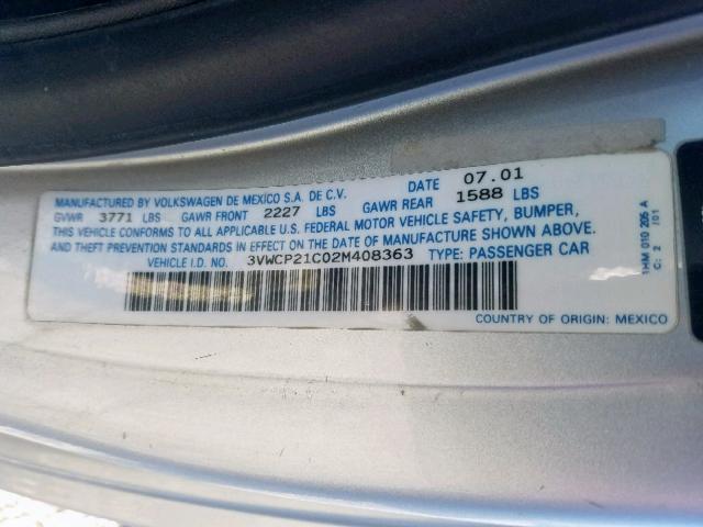 3VWCP21C02M408363 - 2002 VOLKSWAGEN NEW BEETLE 银色 照片 10