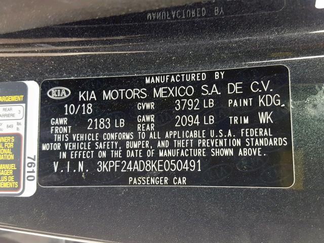 3KPF24AD8KE050491 - 2019 KIA FORTE FE GRAY photo 10