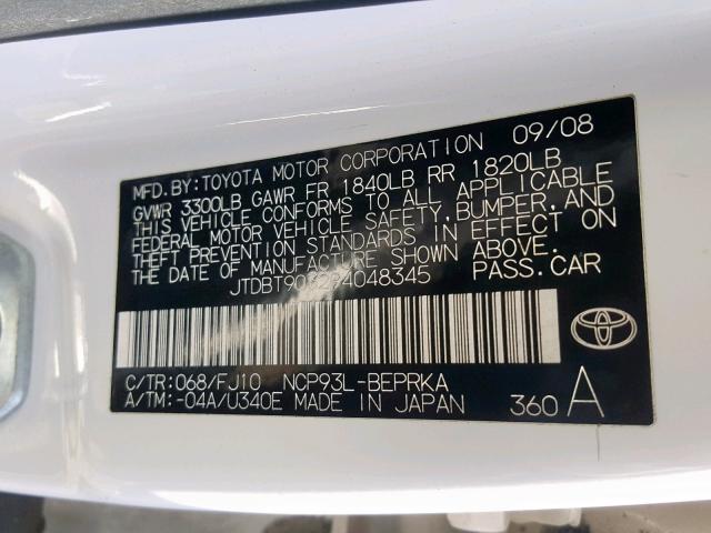 JTDBT903294048345 - 2009 TOYOTA YARIS WHITE photo 10