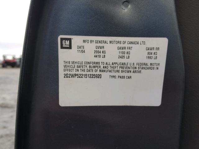 2G2WP522151225920 - 2005 PONTIAC GRAND PRIX GRAY photo 10