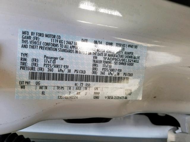 1FADP5CU9EL521402 - 2014 FORD C-MAX PREM WHITE photo 10