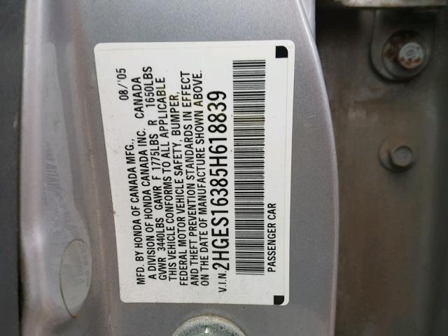 2HGES16385H618839 - 2005 HONDA CIVIC DX V SILVER photo 10