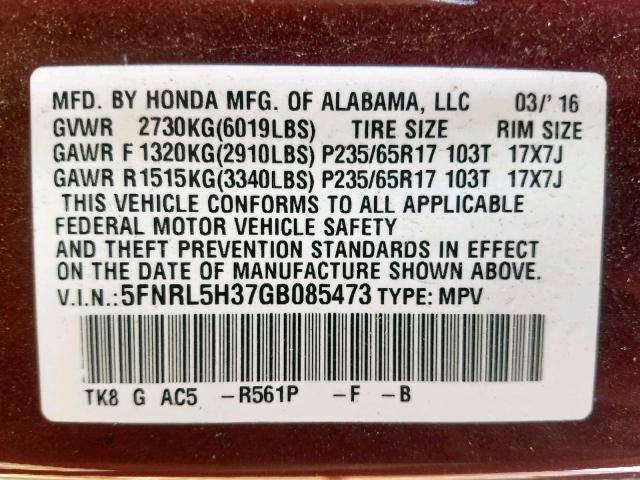 5FNRL5H37GB085473 - 2016 HONDA ODYSSEY SE BURGUNDY photo 10