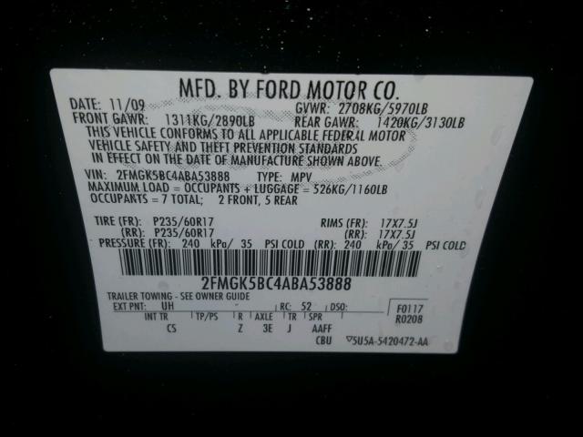 2FMGK5BC4ABA53888 - 2010 FORD FLEX SE BLACK photo 10