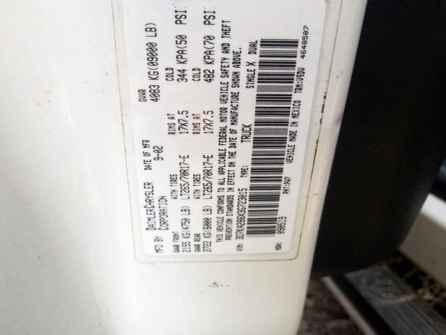 3D7KA286X3G723015 - 2003 DODGE RAM 2500 S Սպիտակ լուսանկար 10