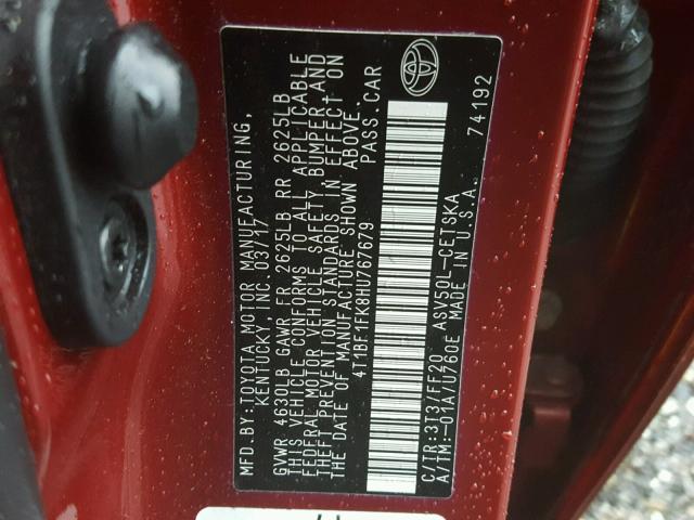 4T1BF1FK8HU767679 - 2017 TOYOTA CAMRY LE BURGUNDY photo 10