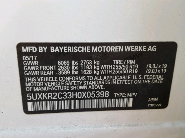 5UXKR2C33H0X05398 - 2017 BMW X5 SDRIVE3 WHITE photo 10
