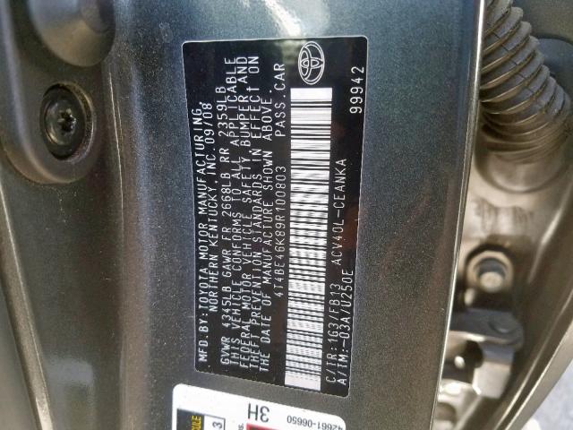 4T4BE46K89R100803 - 2009 TOYOTA CAMRY BASE GRAY photo 10