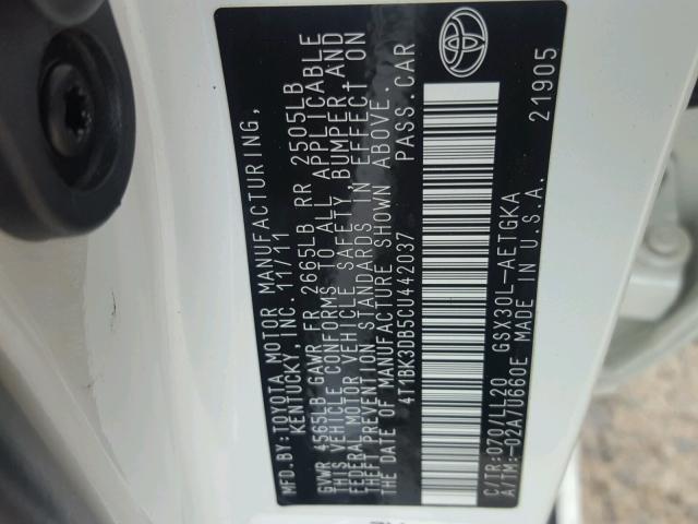 4T1BK3DB5CU442037 - 2012 TOYOTA AVALON BAS WHITE photo 10