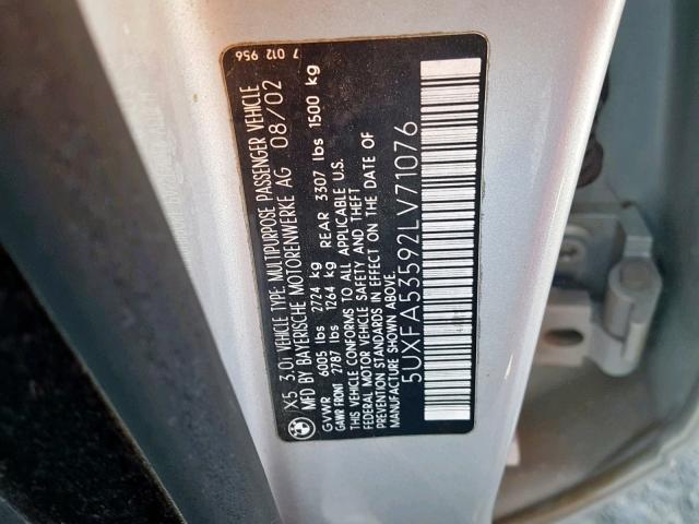 5UXFA53592LV71076 - 2002 BMW X5 3.0I GRAY photo 10