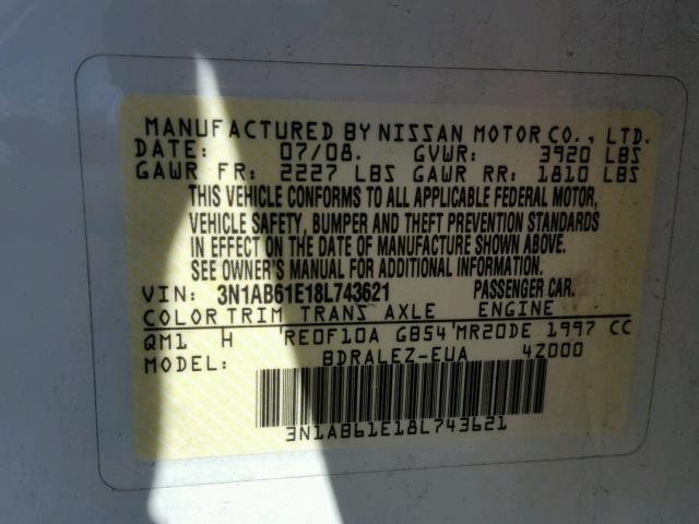 3N1AB61E18L743621 - 2008 NISSAN SENTRA 2.0 WHITE photo 10