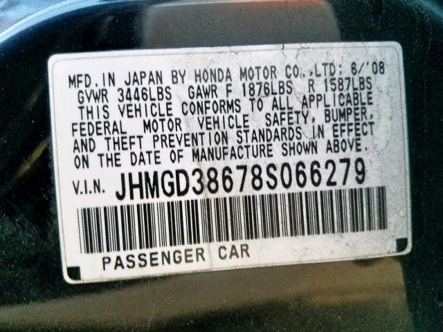 JHMGD38678S066279 - 2008 HONDA FIT SPORT BLACK photo 10