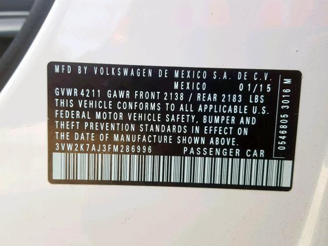 3VW2K7AJ3FM286996 - 2015 VOLKSWAGEN JETTA BASE WHITE photo 10