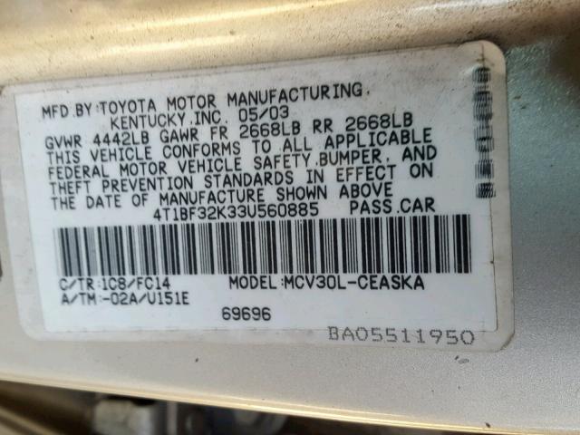 4T1BF32K33U560885 - 2003 TOYOTA CAMRY LE SILVER photo 10