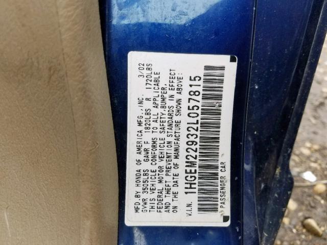 1HGEM22932L057815 - 2002 HONDA CIVIC EX BLUE photo 10