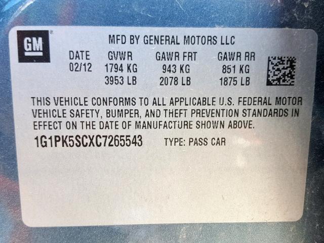 1G1PK5SCXC7265543 - 2012 CHEVROLET CRUZE ECO BLUE photo 10