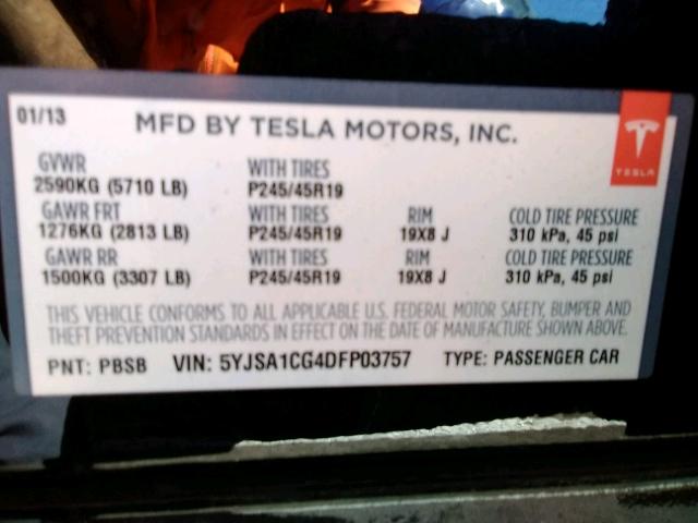 5YJSA1CG4DFP03757 - 2013 TESLA MODEL S BLACK photo 10