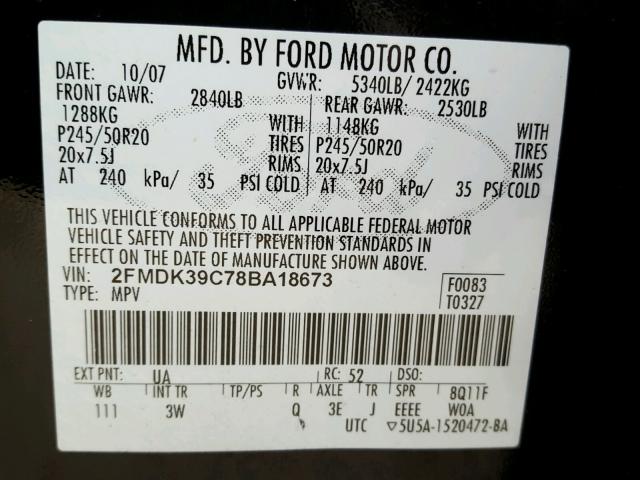 2FMDK39C78BA18673 - 2008 FORD EDGE LIMIT BLACK photo 10