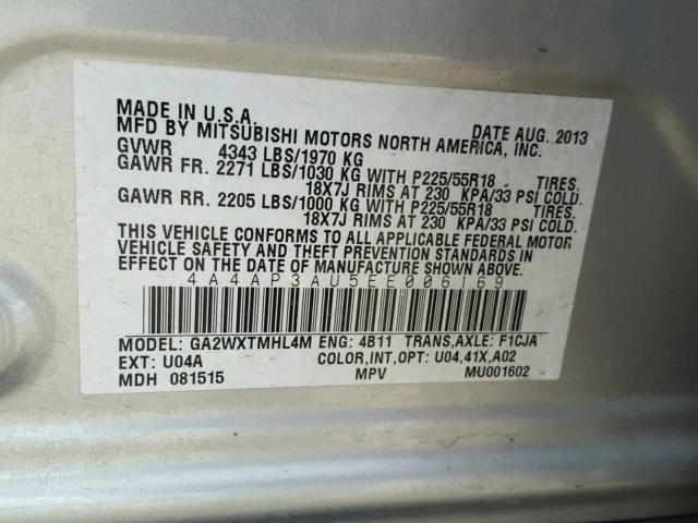 4A4AP3AU5EE006169 - 2014 MITSUBISHI OUTLANDER SILVER photo 10